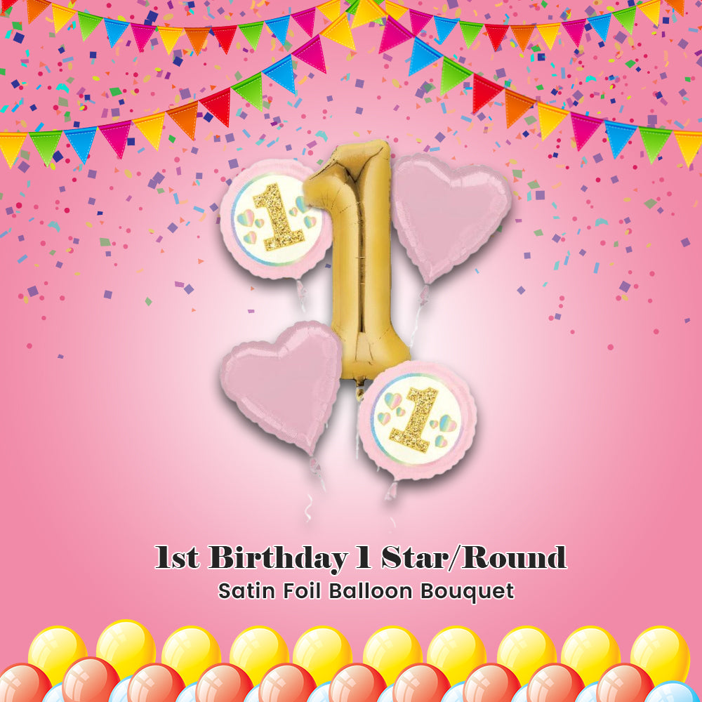 1st Birthday 1 Star/Round Satin Foil Balloon Bouquet 5-pk