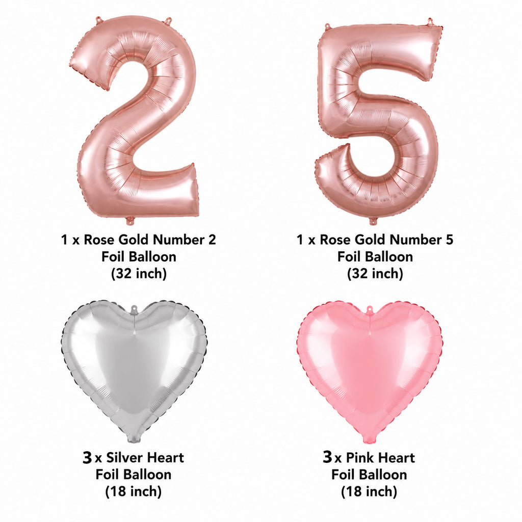 Number 25 Rose Gold Balloon Bouquet with Heart Foil Balloons 8-pk