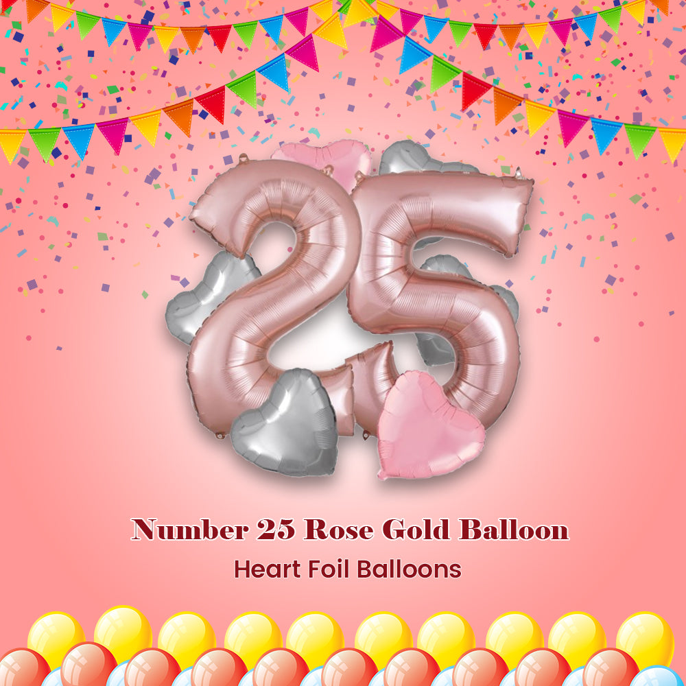 Number 25 Rose Gold Balloon Bouquet with Heart Foil Balloons 8-pk