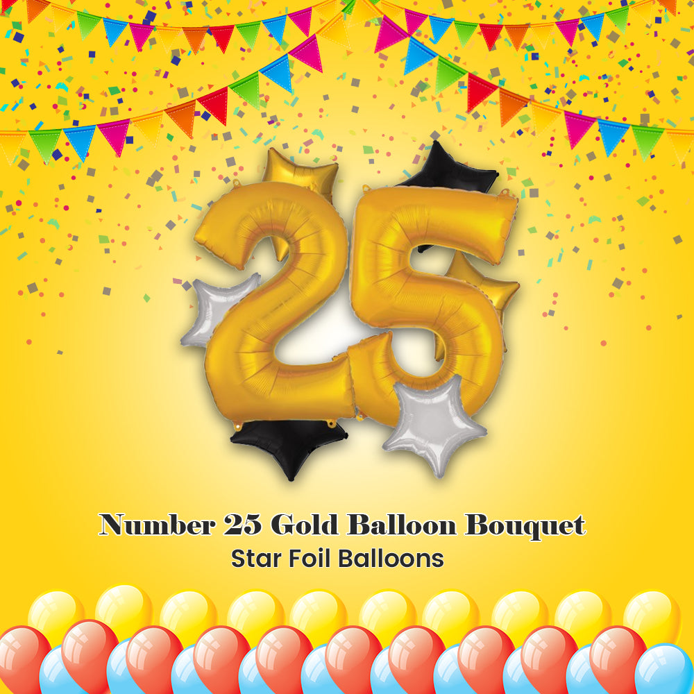 Number 25 Gold Balloon Bouquet with Star Foil Balloons 8-pk