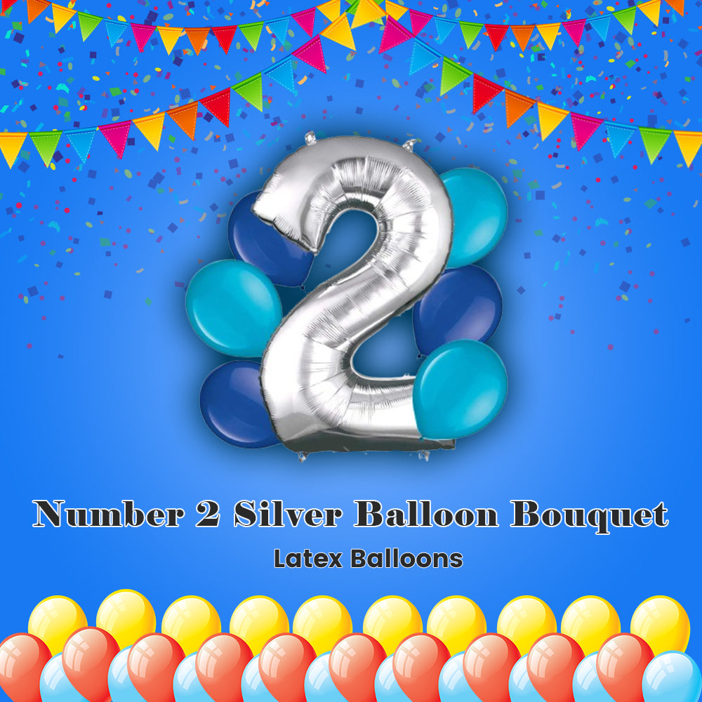 Number 2 Silver Balloon Bouquet with Latex Balloons 7-pk