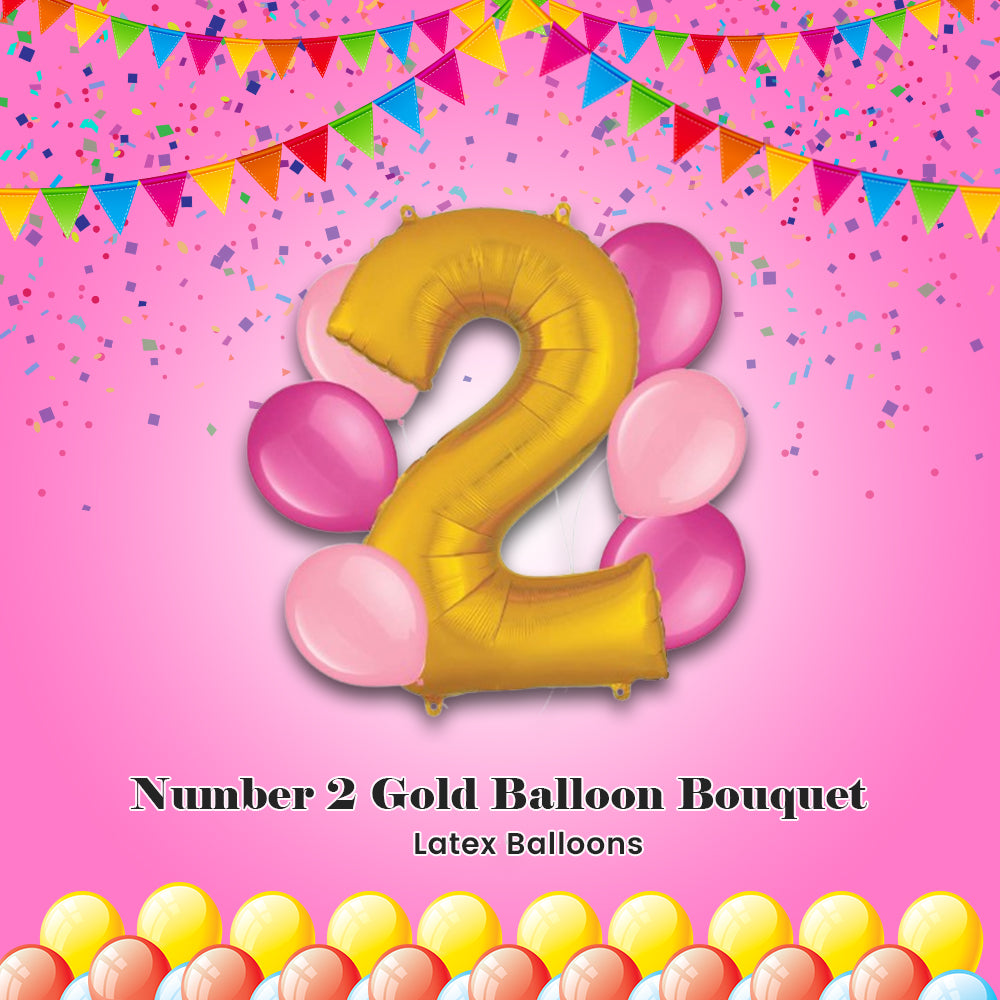 Number 2 Gold Balloon Bouquet with Latex Balloons 7-pk