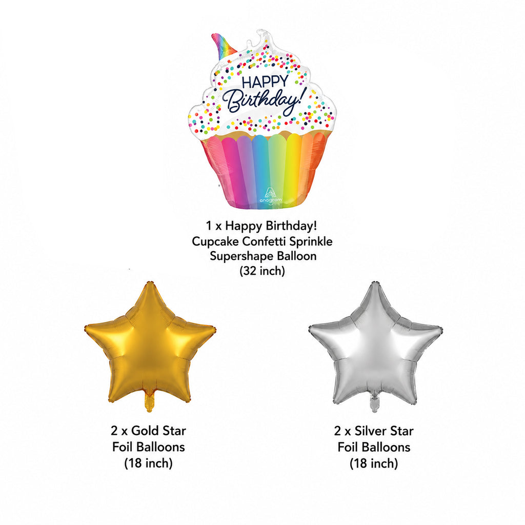 Happy Birthday! Cupcake Confetti Sprinkle Supershape Balloon Bouquet with Star Foil Balloons 5-pk