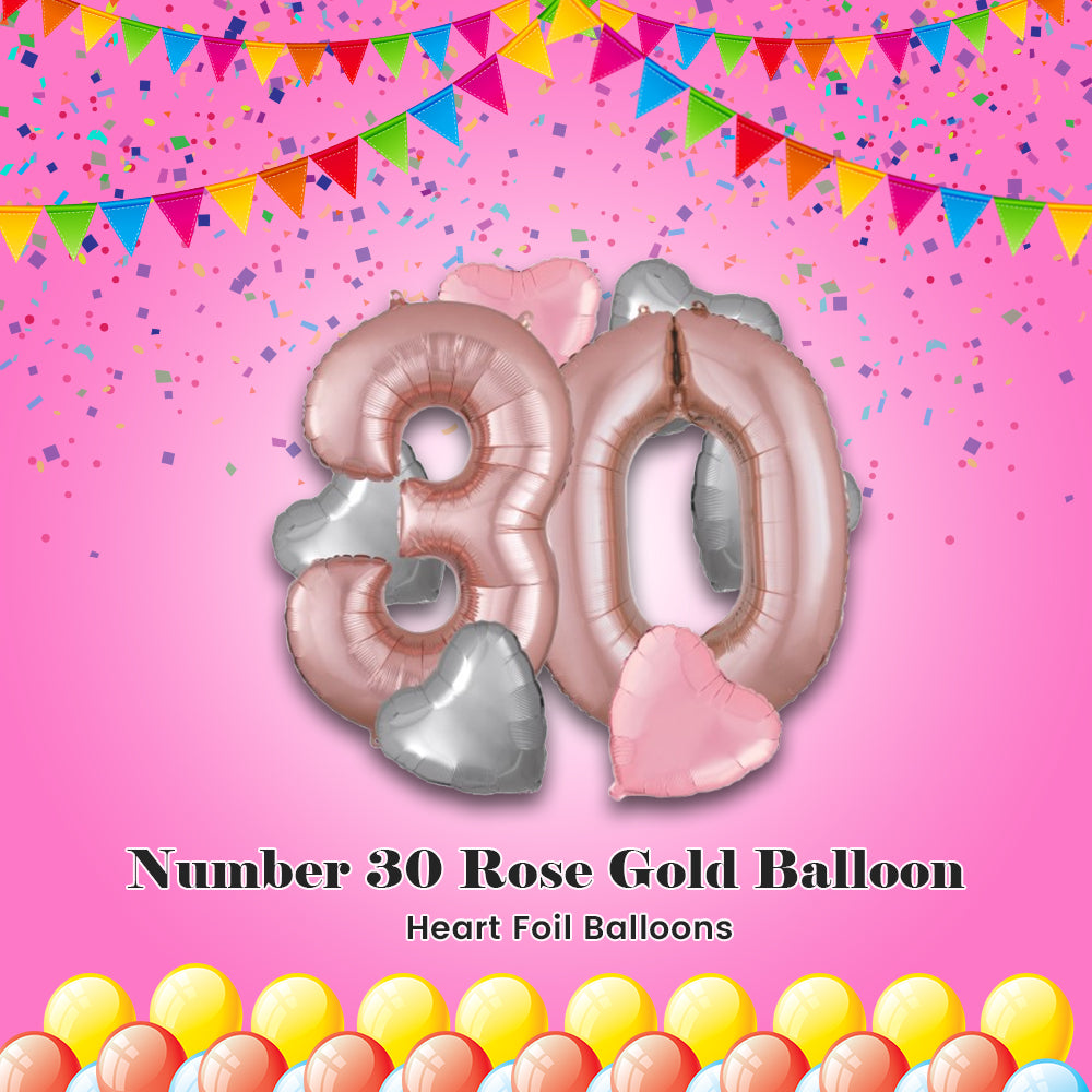 Number 30 Rose Gold Balloon Bouquet with Heart Foil Balloons 8-pk