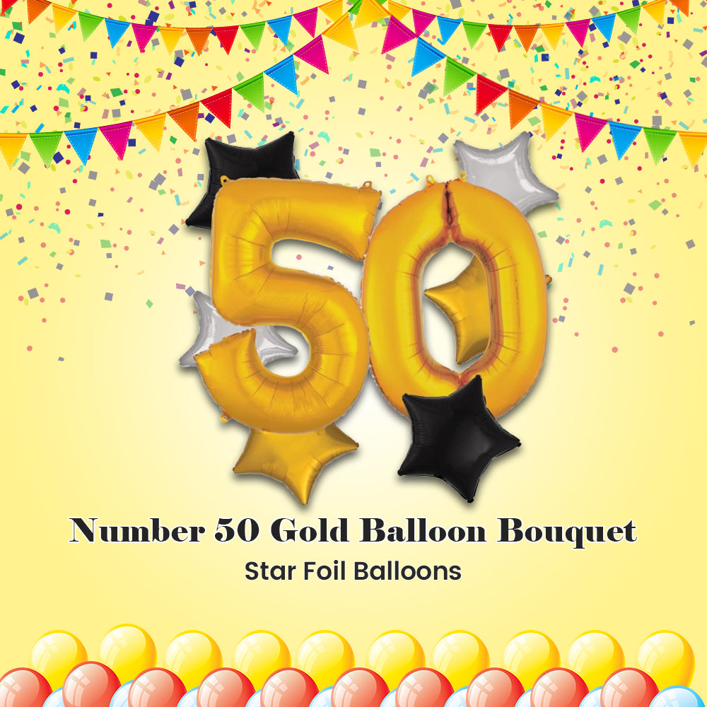 Number 50 Gold Balloon Bouquet with Star Foil Balloons 8-pk