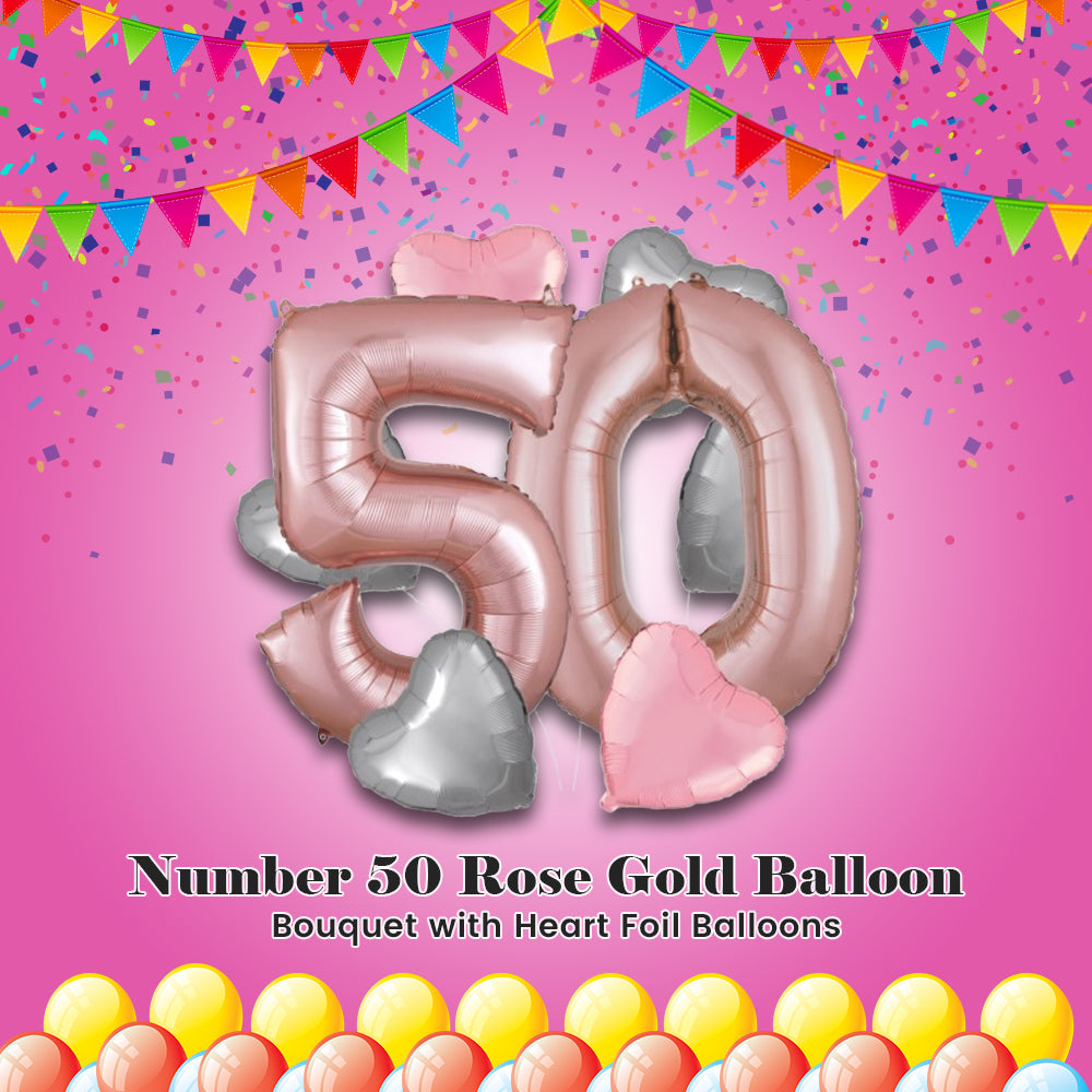 Number 50 Rose Gold Balloon Bouquet with Heart Foil Balloons 8-pk