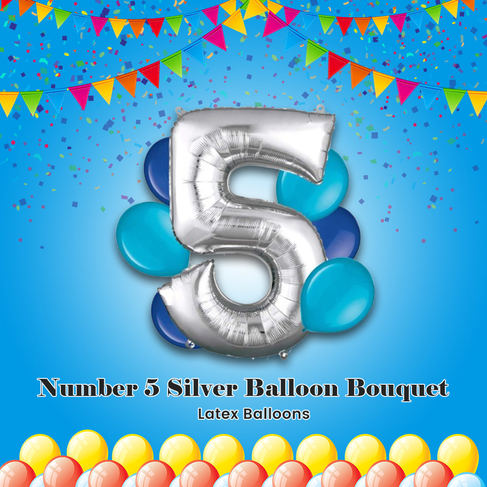 Number 5 Silver Balloon Bouquet with Latex Balloons 7-pk