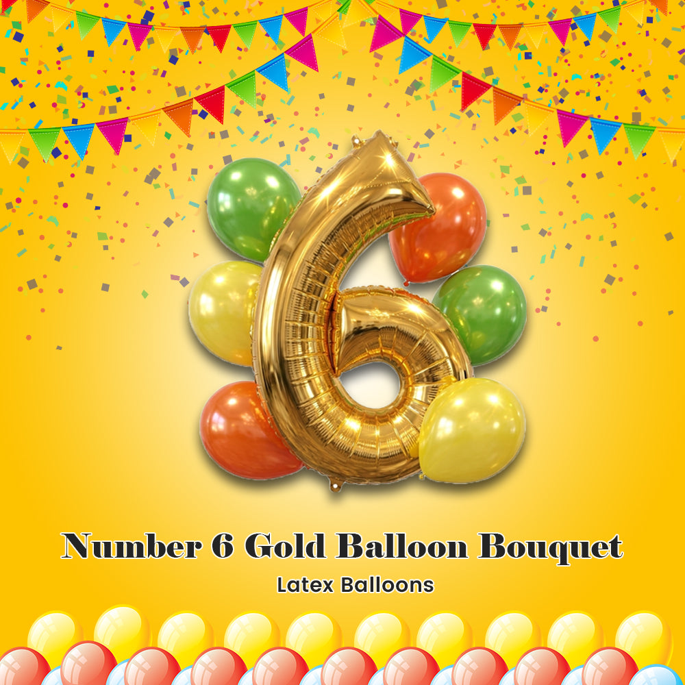 Number 6 Gold Balloon Bouquet with Latex Balloons 7-pk