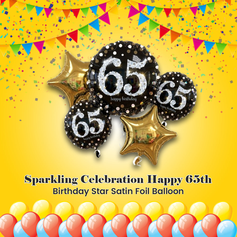 Sparkling Celebration Happy 65th Birthday Star Satin Foil Balloon Bouquet 5-pk