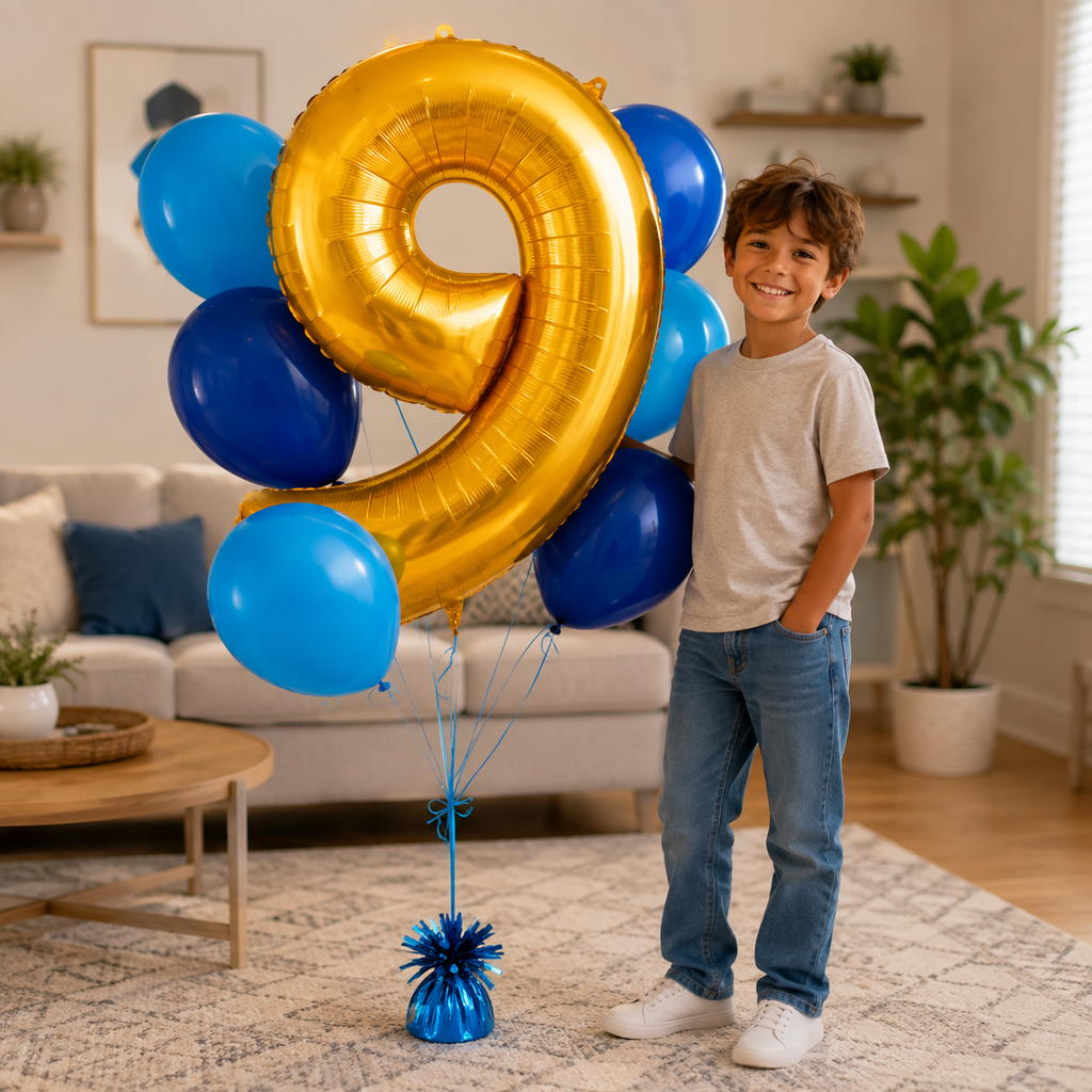 Number 9 Gold Balloon Bouquet with Latex Balloons 7-pk