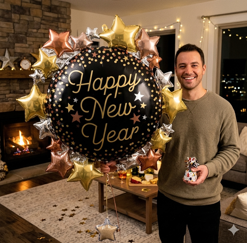 Anagram Happy New Year Stars Luxe Supershape Balloon Bouquet 30-in