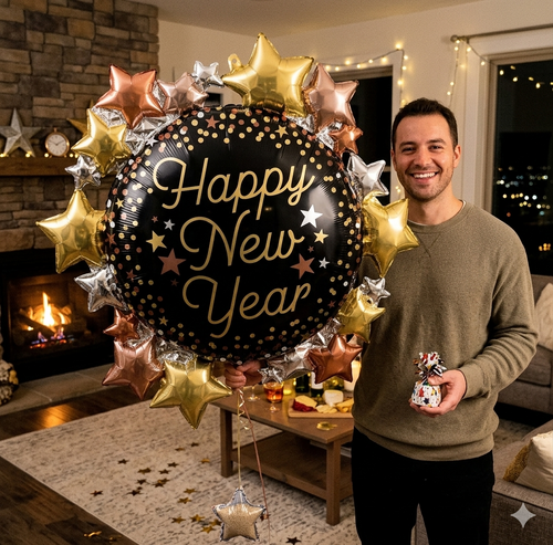 Anagram Happy New Year Stars Luxe Supershape Balloon Bouquet 30-in