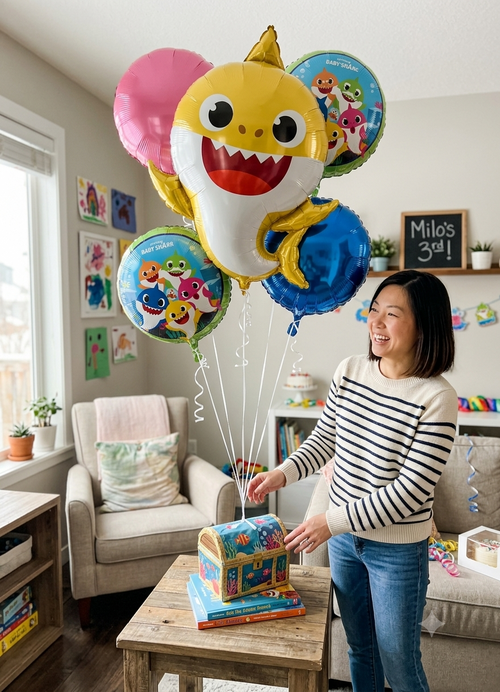 Baby Shark Round Satin Foil Balloon Bouquet 5-pk