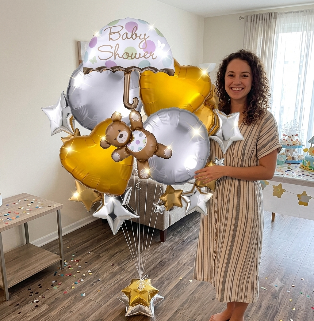 Baby Shower Hugs and Stitches Bear Supershape Balloon Bouquet 5-pk