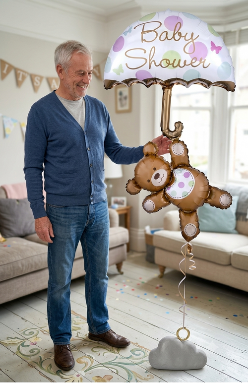 Baby Shower Teddy Bear & Umbrella Satin Foil Balloon 49-in
