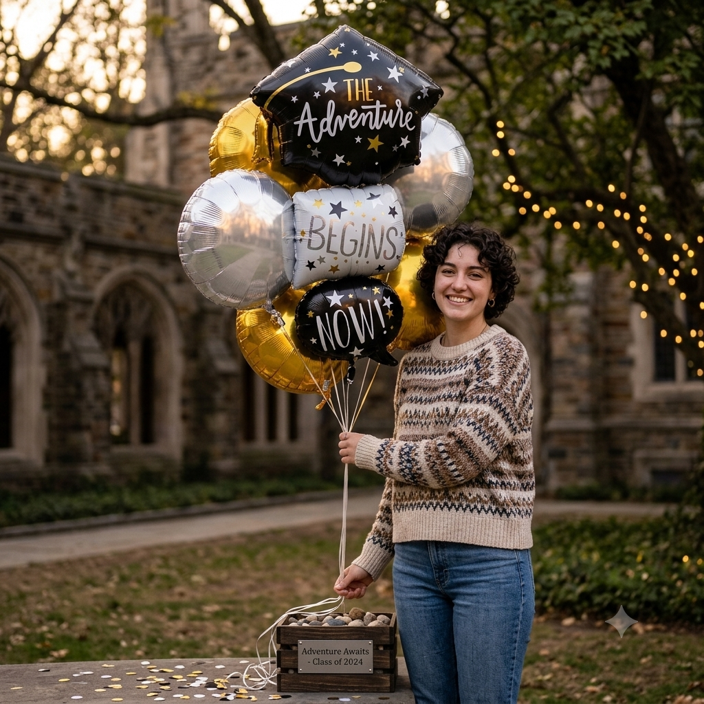 The Adventure Begins Now Stacked Graduation Cap Supershape Balloon Bouquet with Round Foil Balloons 7-pk