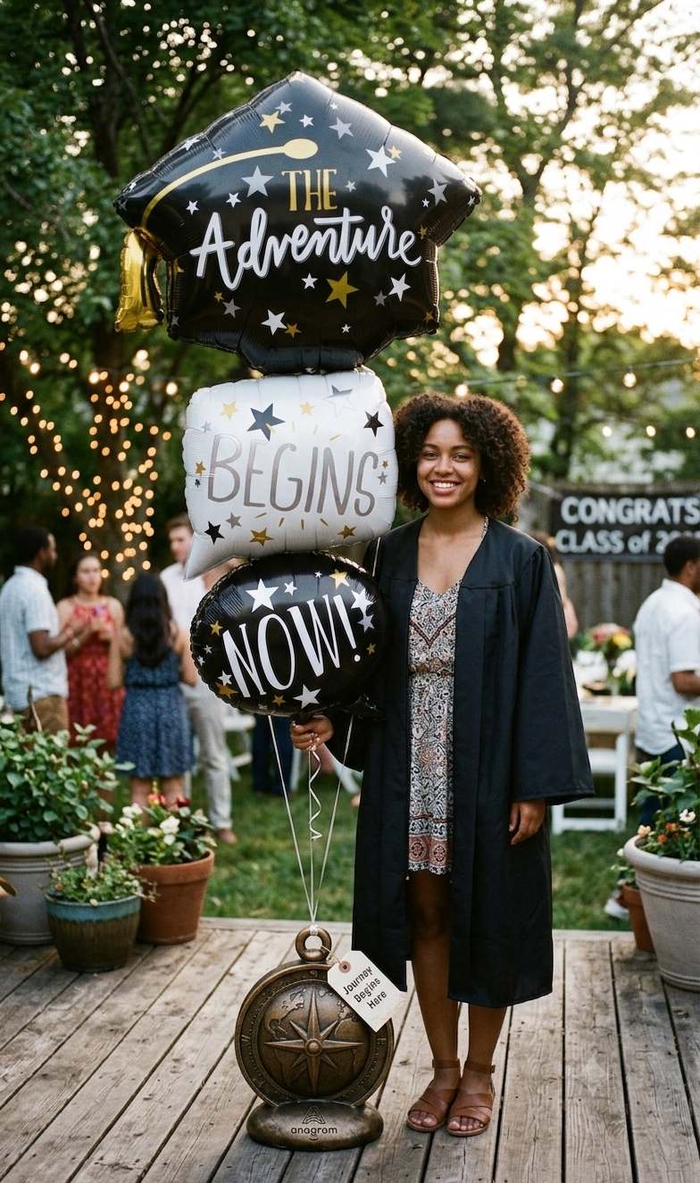 The Adventure Begins Now Graduation Cap Satin Stacked Foil Balloon 61-in