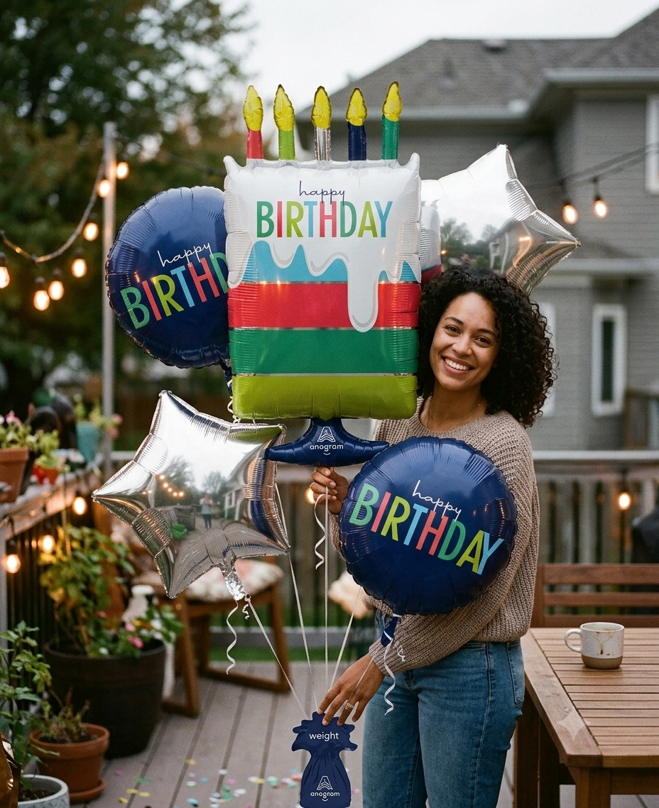Happy Birthday Cake Balloon Bouquet with Star Foil Balloons 7-pk