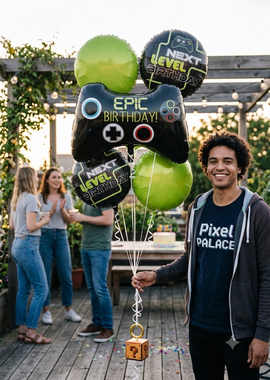 Level Up Epic Birthday Game Controller/Round Satin Foil Balloon Bouquet 5-pk