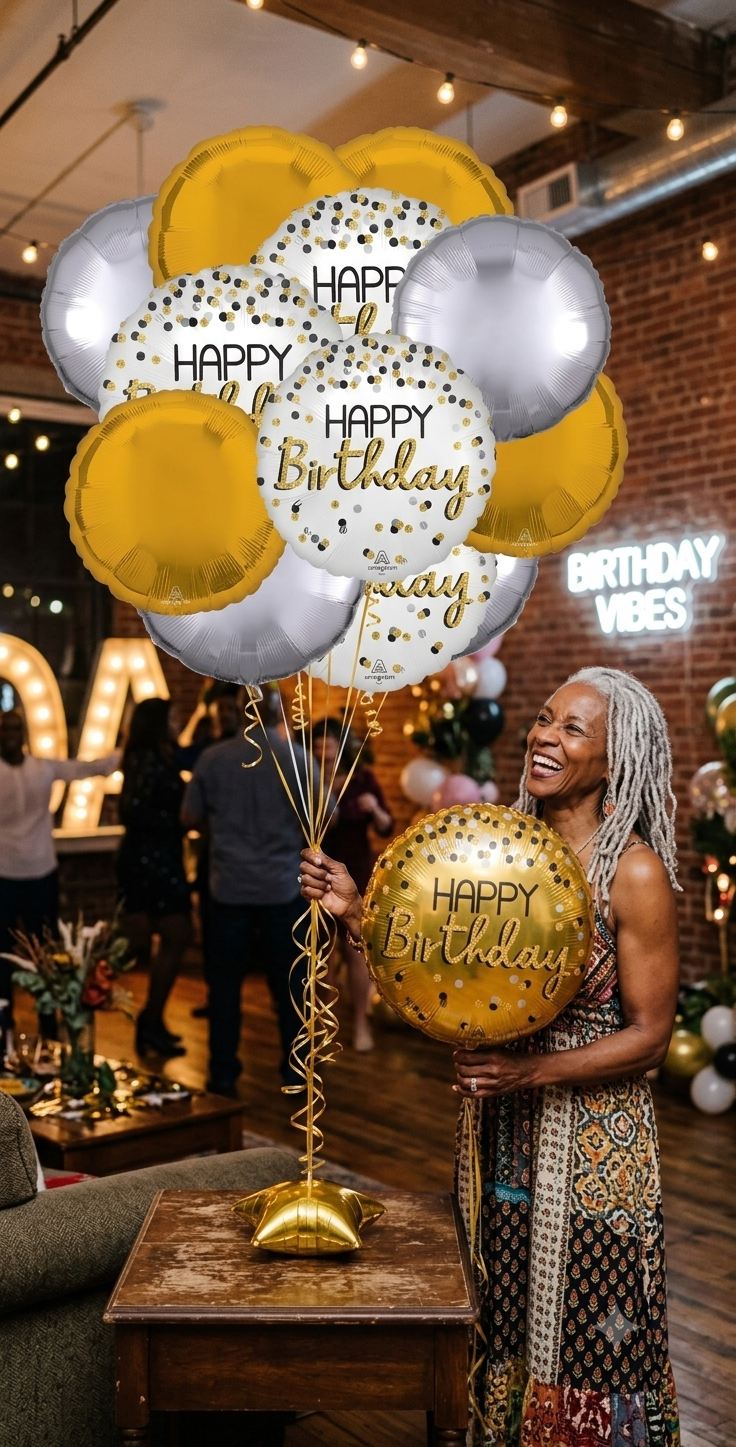 Happy Birthday Polka Dot Balloon Bouquet with Round Foil Balloons 12-pk