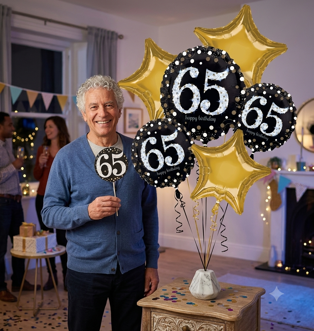 Sparkling Celebration Happy 65th Birthday Star Satin Foil Balloon Bouquet 5-pk