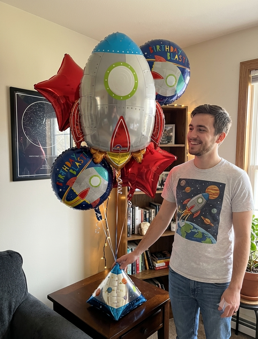 Blast Off Birthday Blast Rocket Ship/Star Satin Foil Balloon Bouquet 5-pk