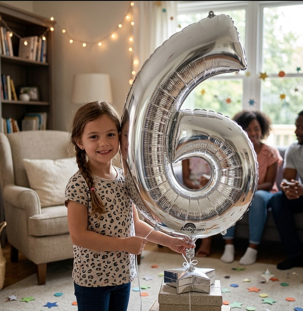 Number 6 Silver Balloon Bouquet with Latex Balloons 7-pk