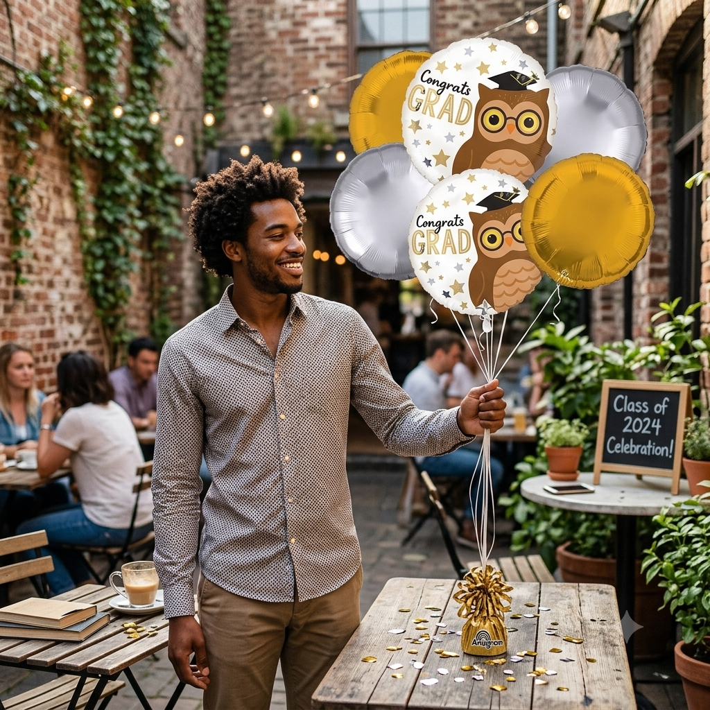 Congrats Grad Owl Balloon Bouquet with Round Foil Balloons 6-pk