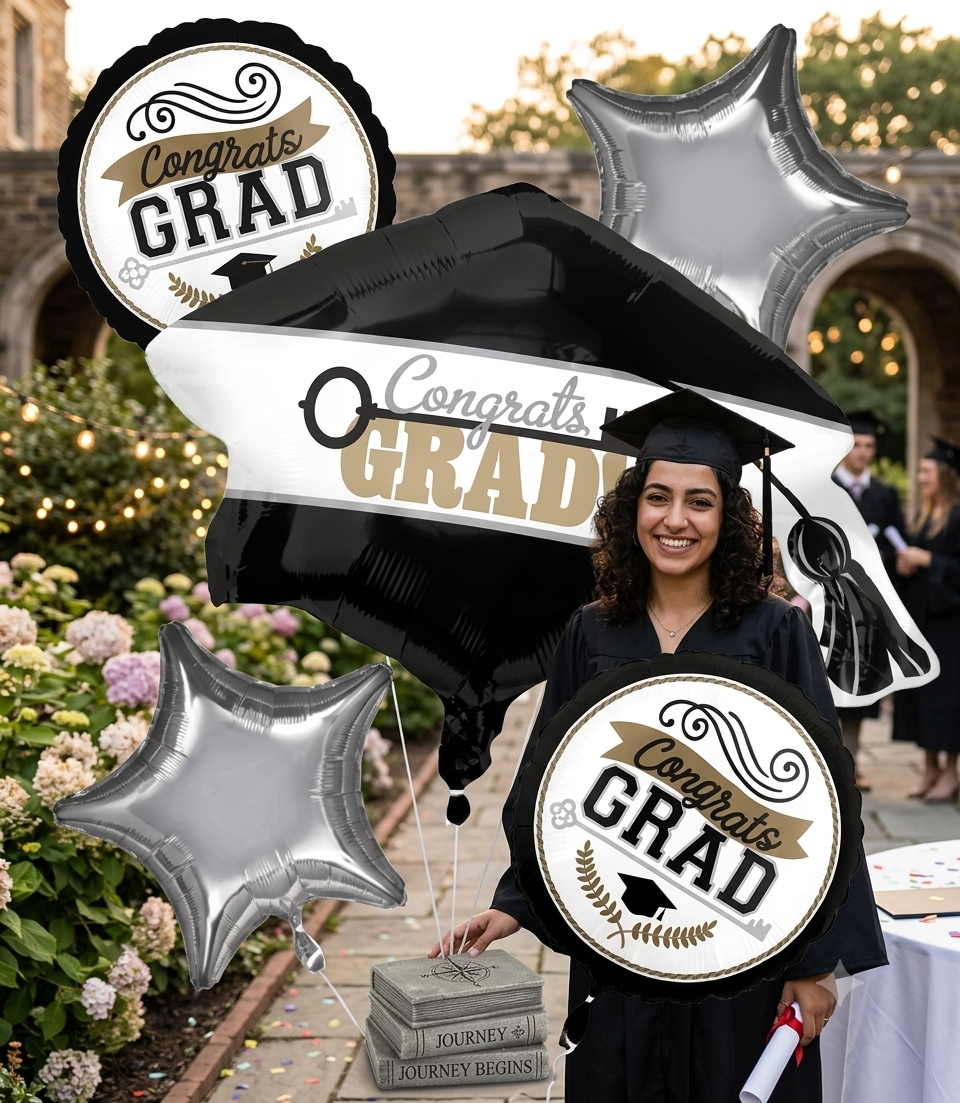 Congrats Grad Graduation Cap Satin Foil Balloon Bouquet 5-pc
