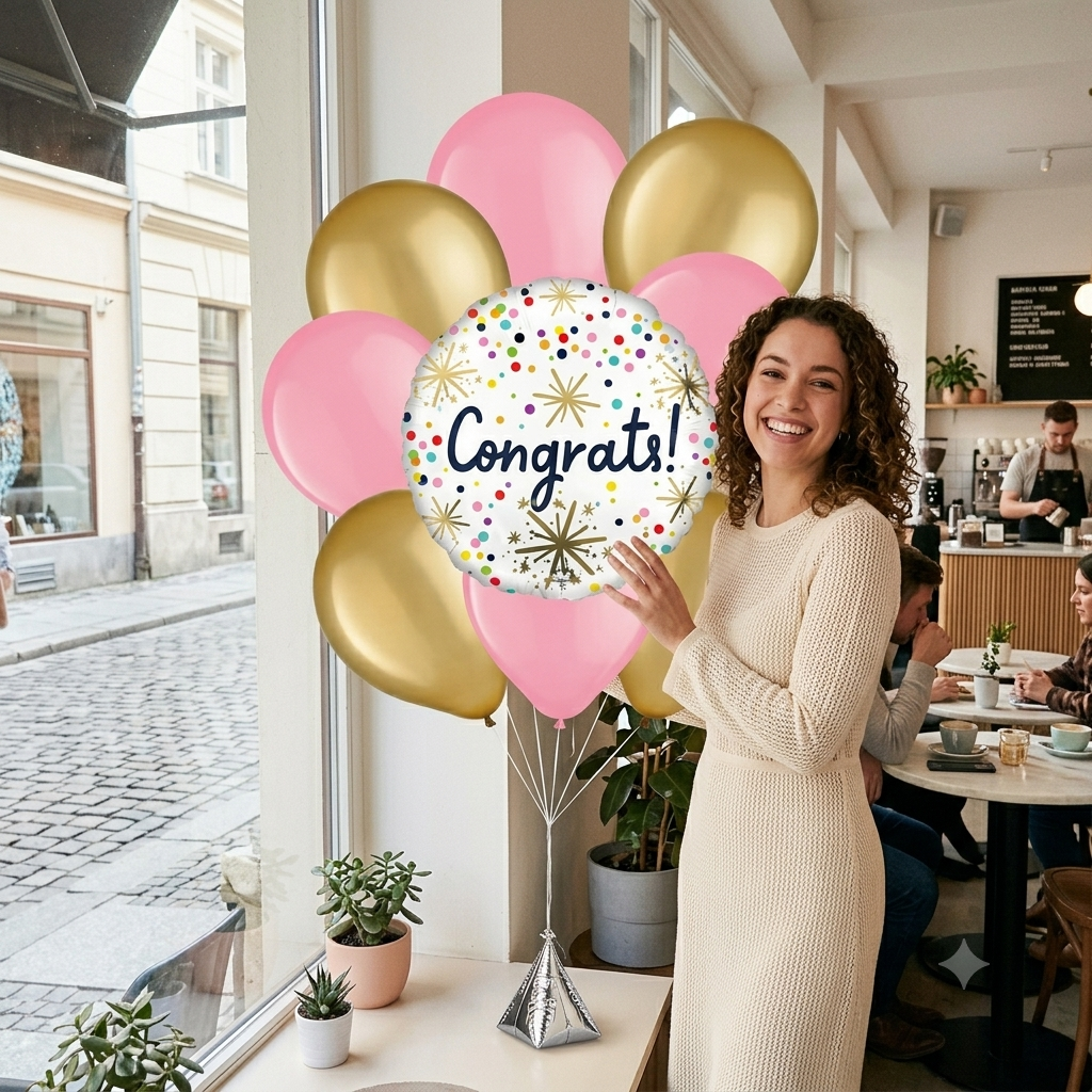 Congrats Round Confetti Polka Dot Satin Foil Balloon Bouquet with Latex Balloons 10-pk