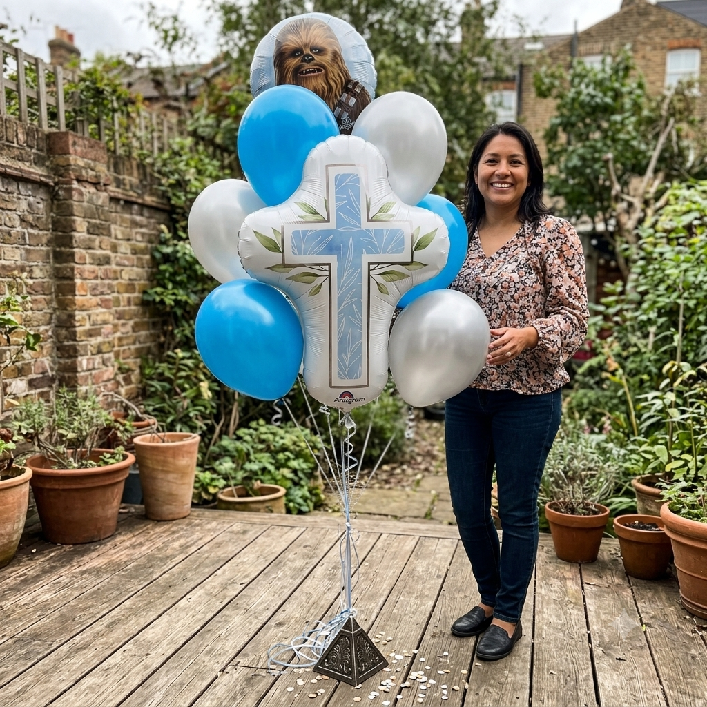 First Communion Blue Cross Supershape Balloon Bouquet with Latex Balloons 7-pk