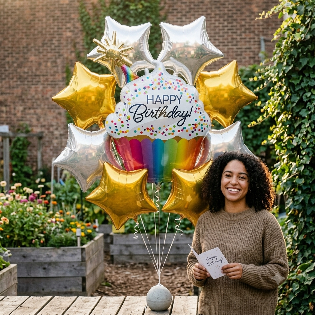 Happy Birthday! Cupcake Confetti Sprinkle Supershape Balloon Bouquet with Star Foil Balloons 9-pk
