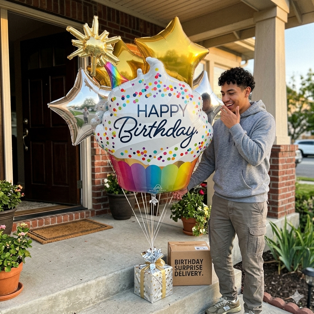 Happy Birthday! Cupcake Confetti Sprinkle Supershape Balloon Bouquet with Star Foil Balloons 5-pk