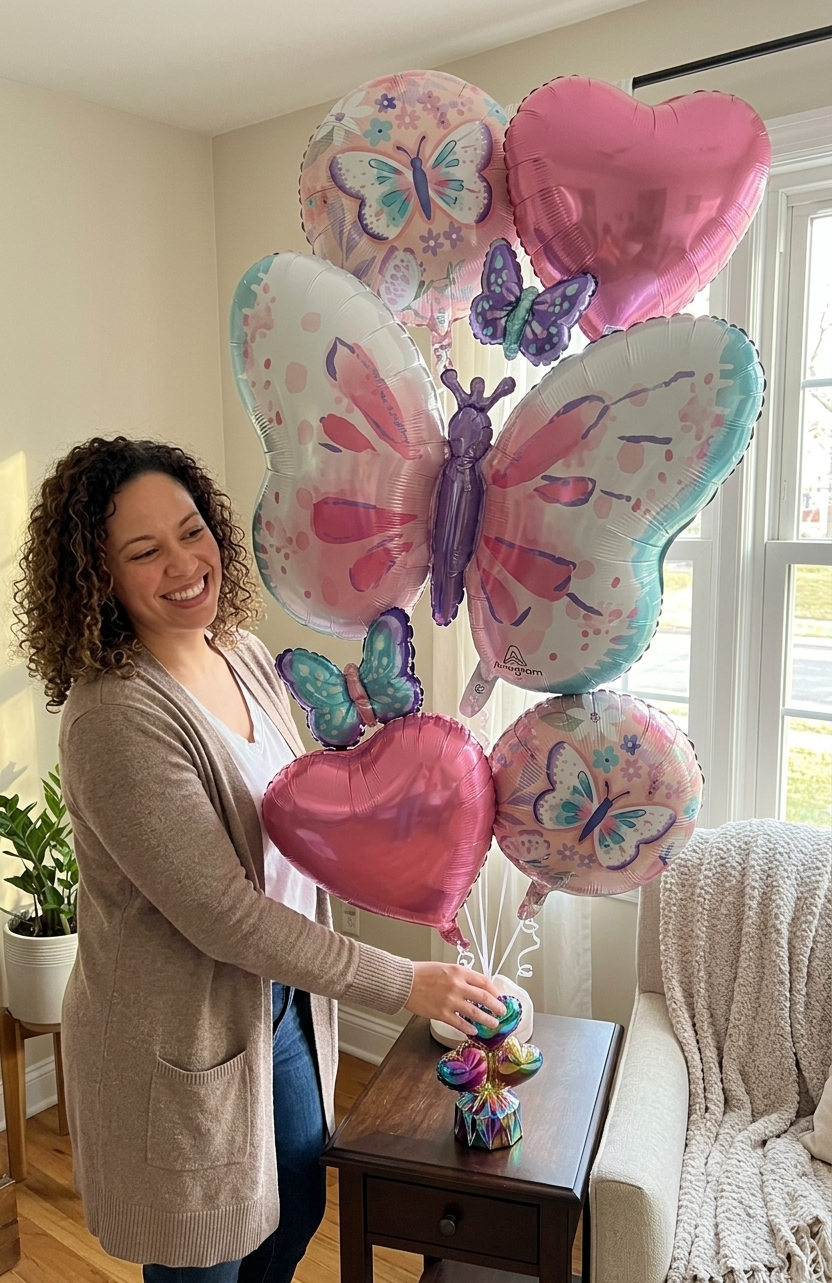 Flutter Butterfly/Heart/Round Satin Foil Balloon Bouquet 5-pk