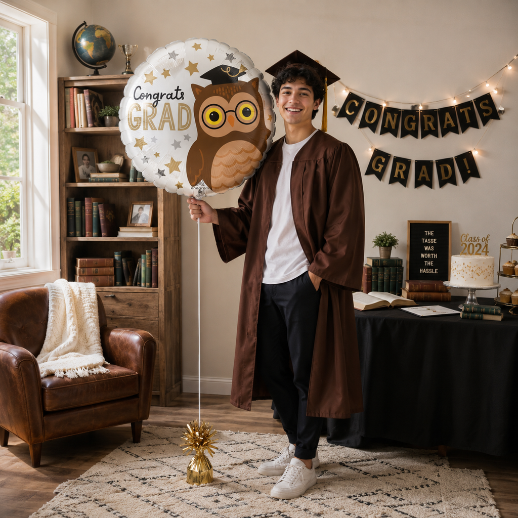 Owl Congrats Grad Round Satin Foil Balloon 18-in