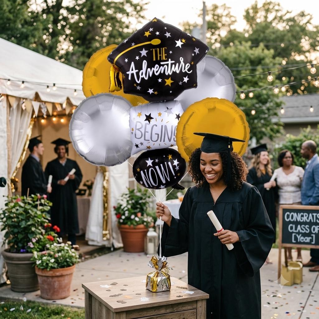 The Adventure Begins Now Stacked Graduation Cap Supershape Balloon Bouquet with Round Foil Balloons 5-pk