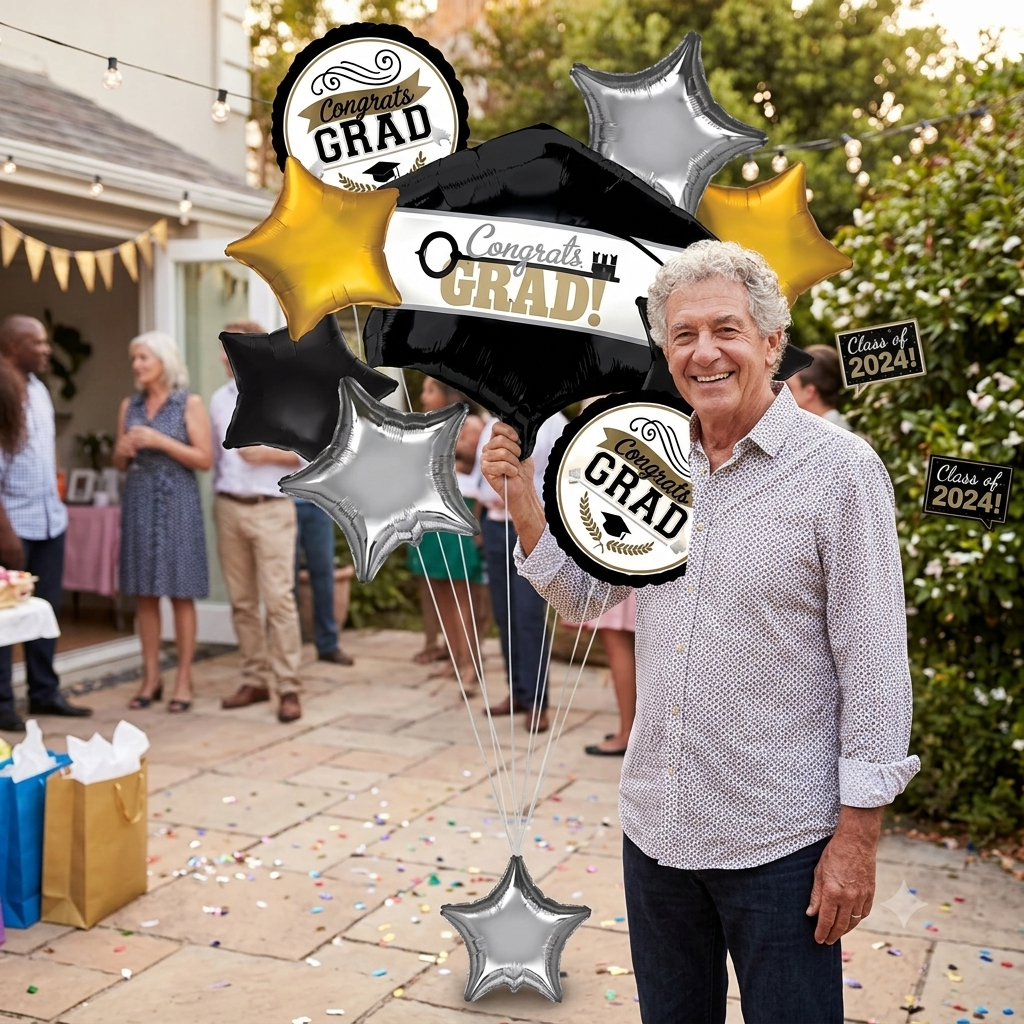 Congrats Grad! Achievement is Key Graduation Cap Supershape Balloon Bouquet 9-pk
