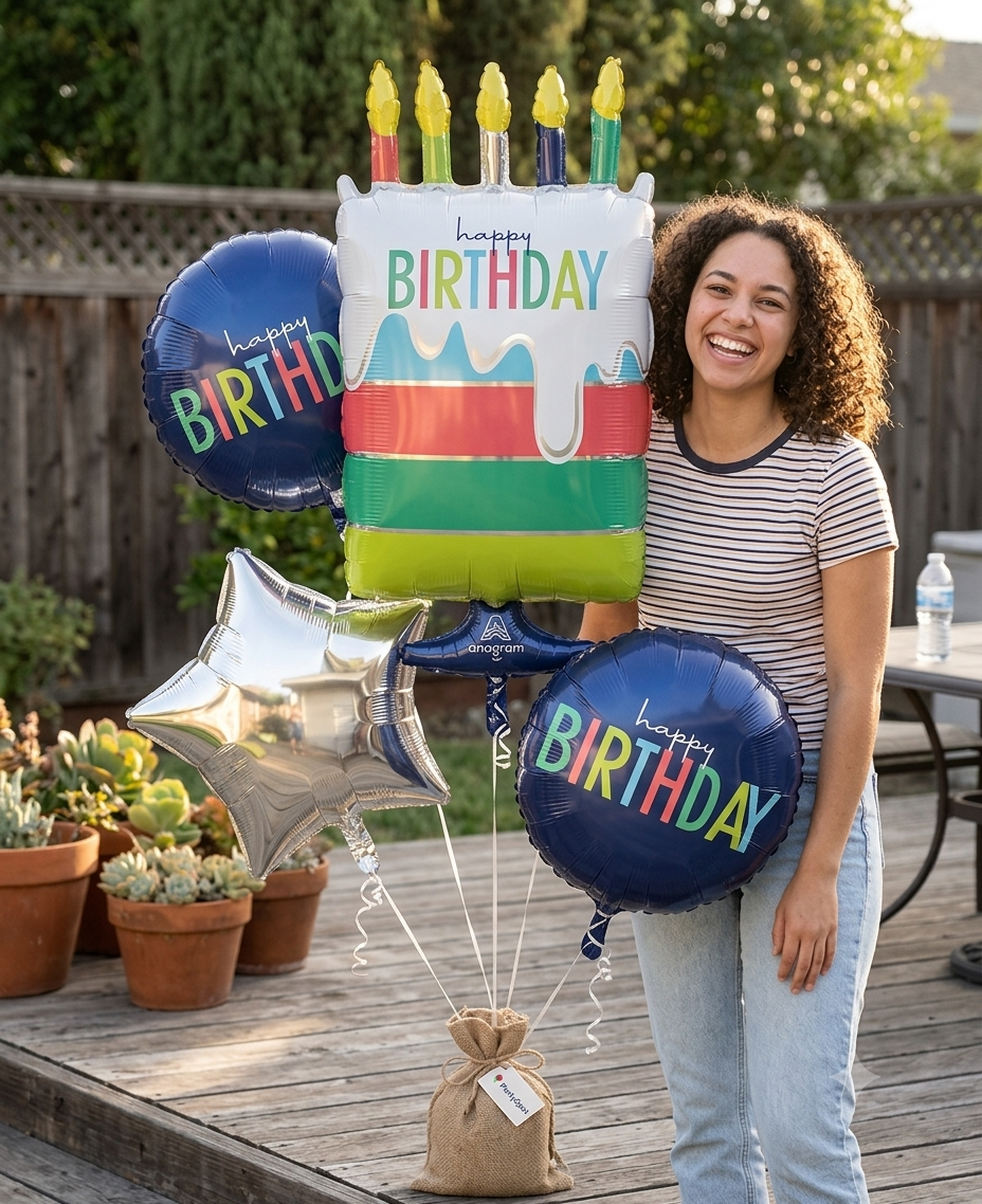 Happy Birthday Birthday Cake/Round/Star Satin Foil Balloon Bouquet 5-pk