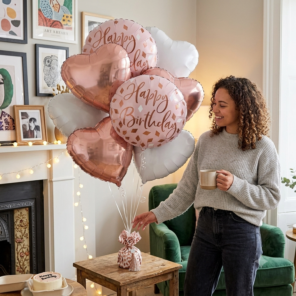 Happy Birthday Blush Balloon Bouquet with Heart Foil Balloons 9-pk