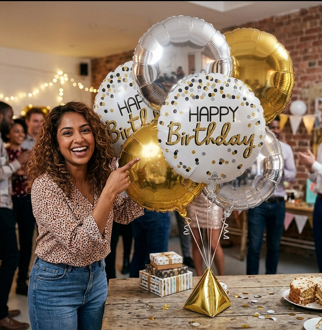 Happy Birthday Polka Dot Balloon Bouquet with Round Foil Balloons 6-pk