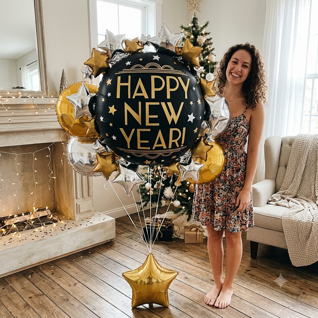 Happy New Year Round & Stars Satin Foil Supershape Balloon Bouquet 5-pk