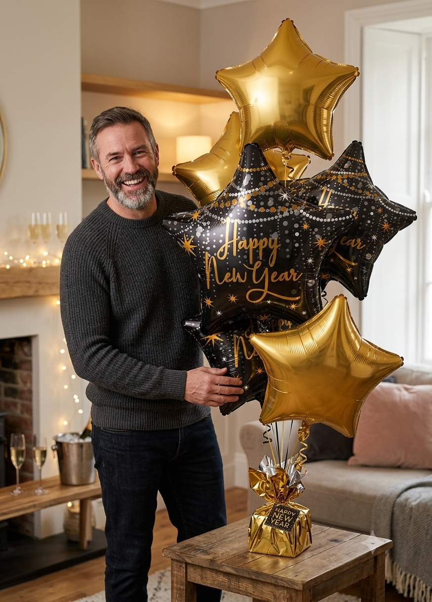 Happy New Year Star Satin Foil Balloon Bouquet 5-pk