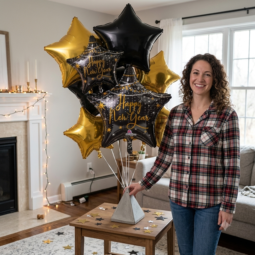 Happy New Year Star Satin Foil Balloon Bouquet with Star Foil Balloons 7-pk