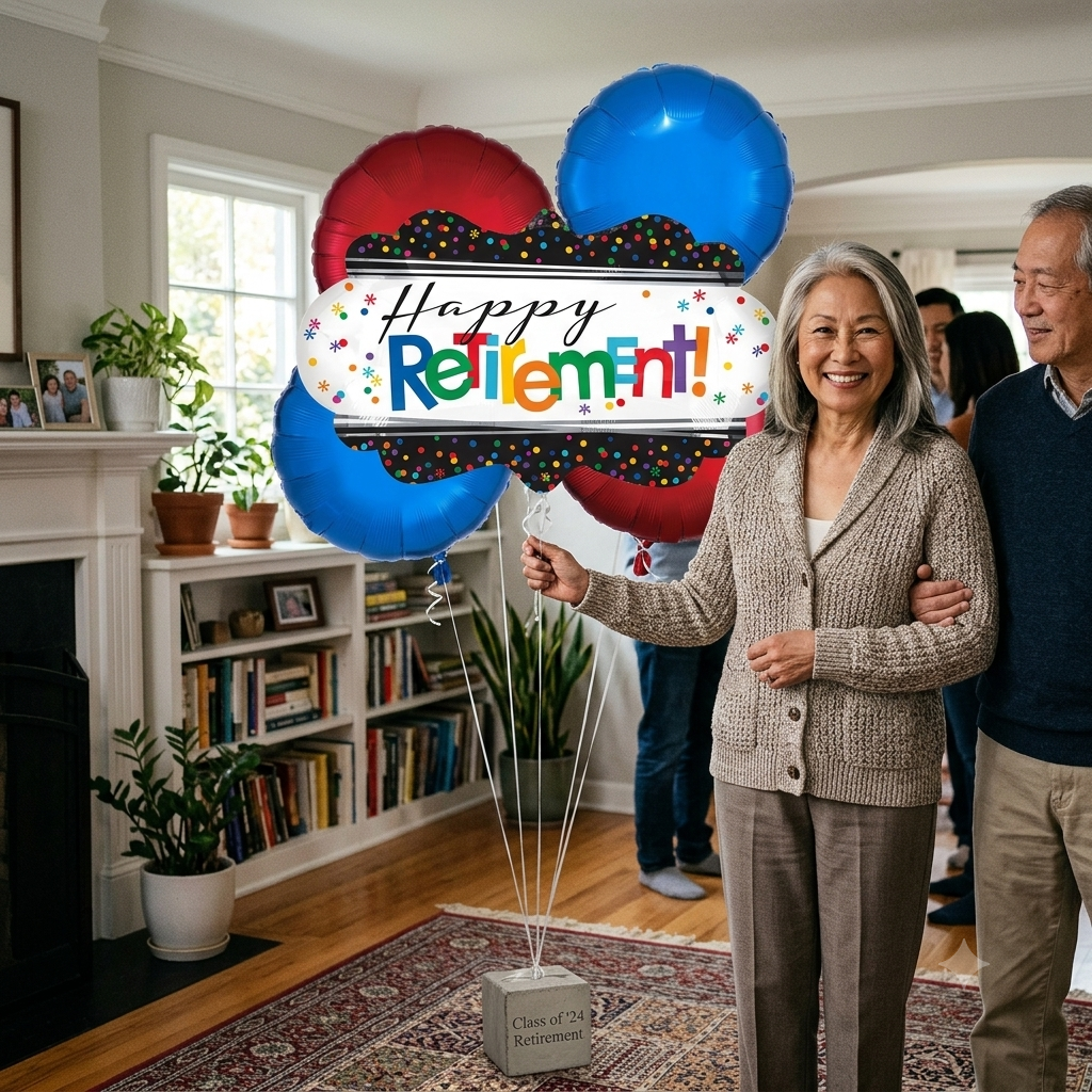 Happy Retirement Round Polka Dot Satin Foil Supershape Balloon Bouquet with Foil Balloons 5-pk