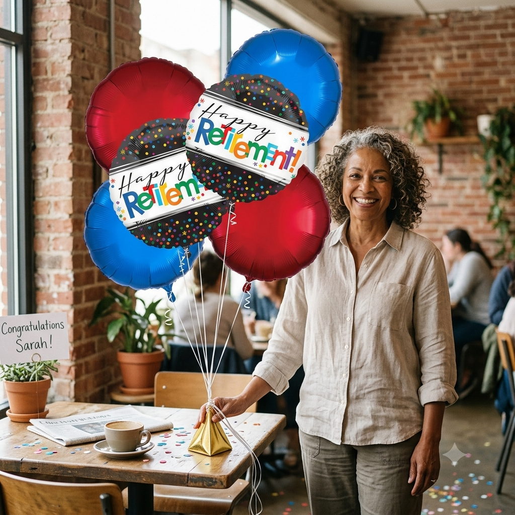 Happy Retirement Round Polka Dot Satin Foil Balloon Bouquet with Foil Balloons 6-pk