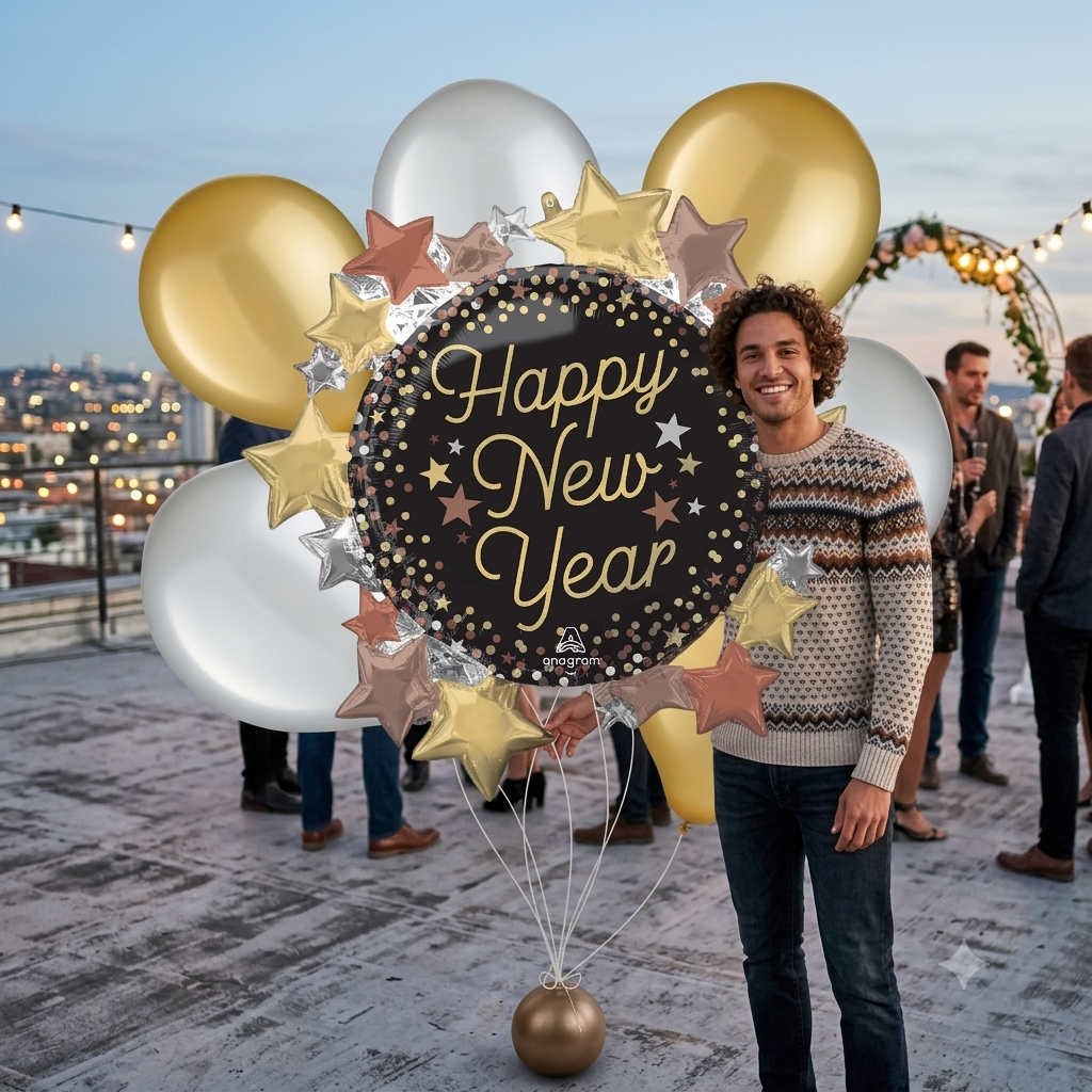 Happy New Year Luxe Stars Supershape Balloon Bouquet with Star Foil Balloons 7-pk