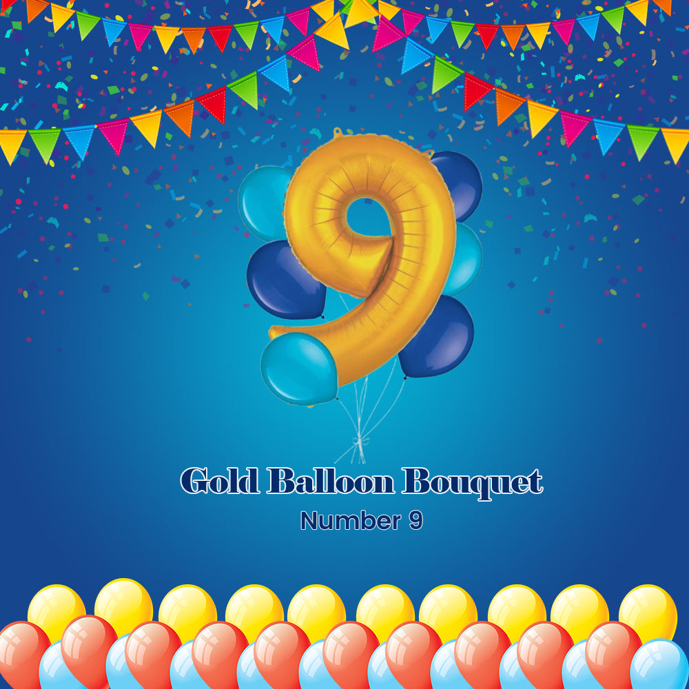 Number 9 Gold Balloon Bouquet with Latex Balloons 7-pk