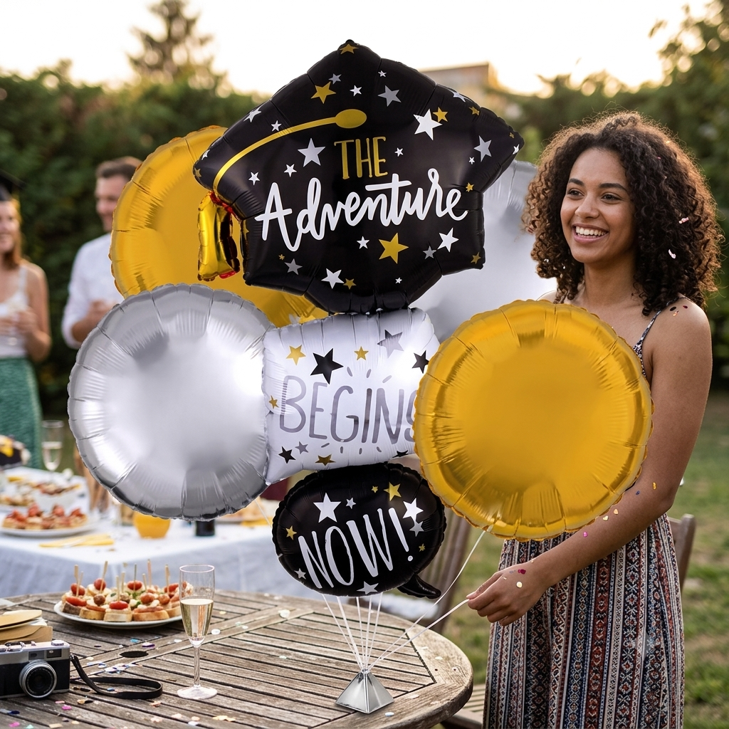 The Adventure Begins Now Stacked Graduation Cap Supershape Balloon Bouquet with Latex Balloons 7-pk