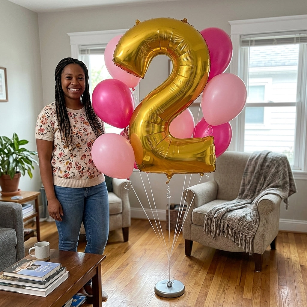 Number 2 Gold Balloon Bouquet with Latex Balloons 7-pk