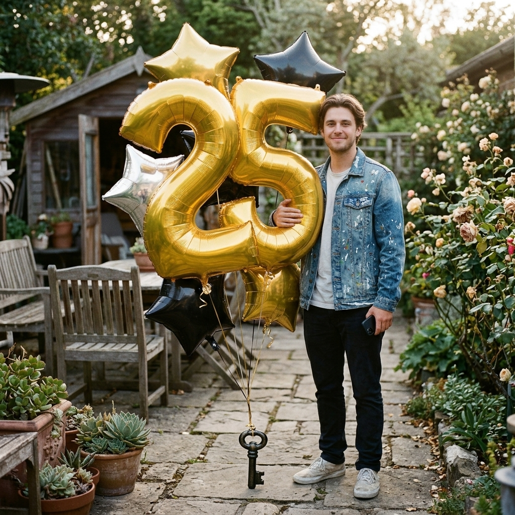 Number 25 Gold Balloon Bouquet with Star Foil Balloons 8-pk